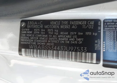 2003 BMW 330Ci z USA, uszkodzony, nr VIN WBABS53443JU97533